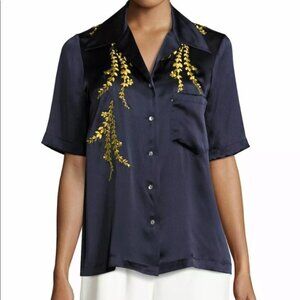 cinq á sept Silk Dani Blouse Blue Gold Embroidered Button Charmeuse Top Floral
